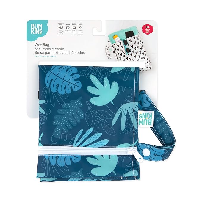 Bumkins Waterproof Wet Bag, Washable, Reusable for Travel, Beach, Pool, Stroller, Diapers, Dirty Gym Clothes, Wet Swimsuits, Toiletries, 12x14 – Blue Tropic