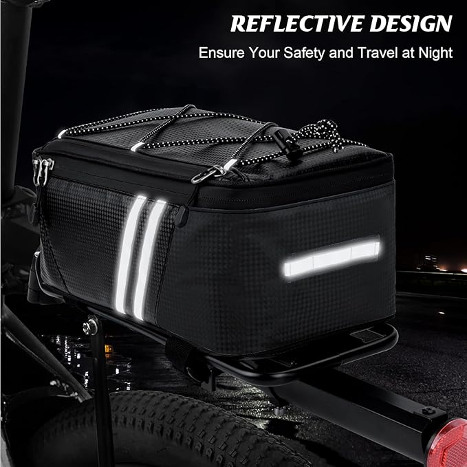 Bike Reflective Trunk Bags Waterproof Rear Rack Bag for Bicycle, 7L Capacity Insulated Storage Pannier Bag Bike Cargo Bag With Reflective Strips for Outdoor Travel Camping Picnic Commuter