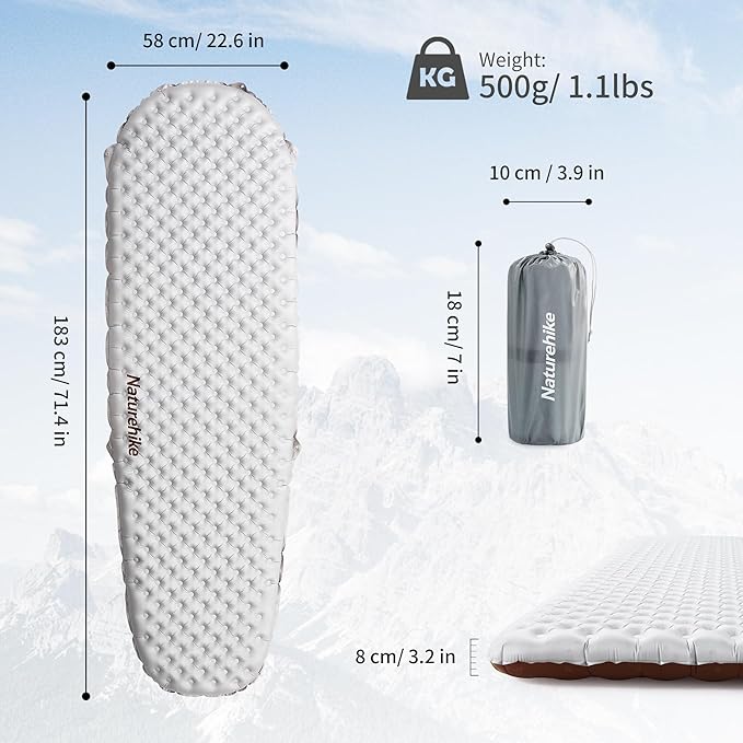 Naturehike Ultralight Insulated Sleeping Pad with R5.8, 3.2in Thickened Patchworkable Inflatable Double Sleeping Mat for Camping, Hiking, Climbing with Inflatable Bag (Silver-Mummy)