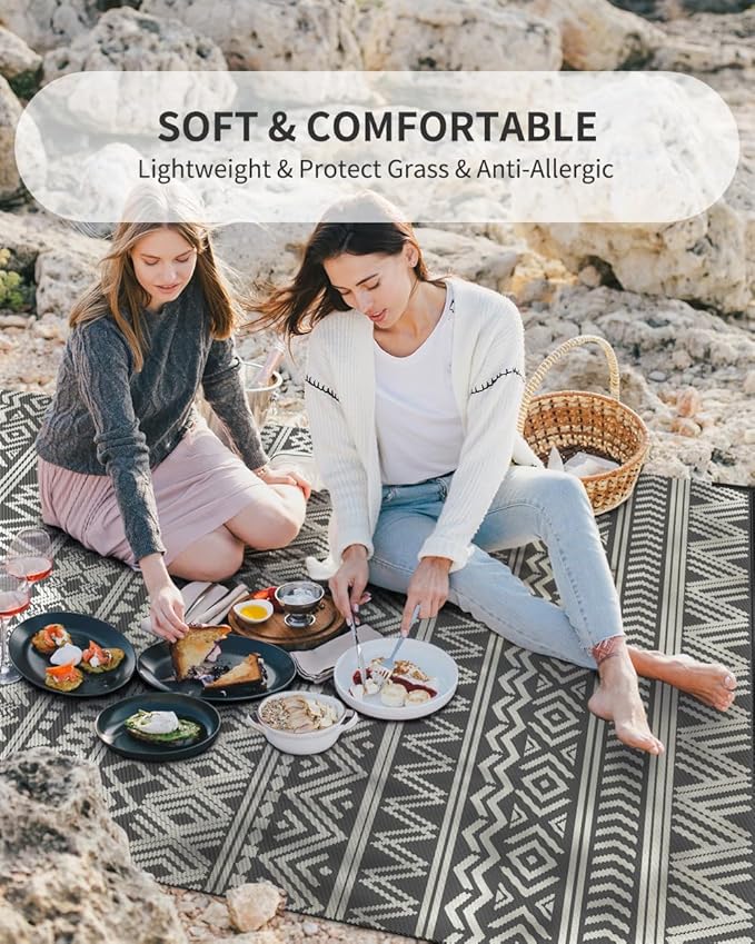 MontVoo Outdoor Rug Carpet Waterproof 5x8 Outdoor Patio Rug Mat Reverisble Plastic Straw Outdoor Rug for RV Camping Picnic Beach Balcony Boho Grey