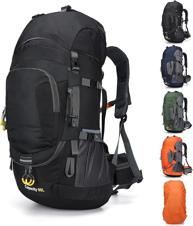 ShowyLive 60L Hiking Backpack for Men/Women - Lightweight Waterproof Travel Backpack with Rain Cover, Multi-Compartments, Adjustable Straps - Large Camping Bag for Outdoor Adventures (Black)
