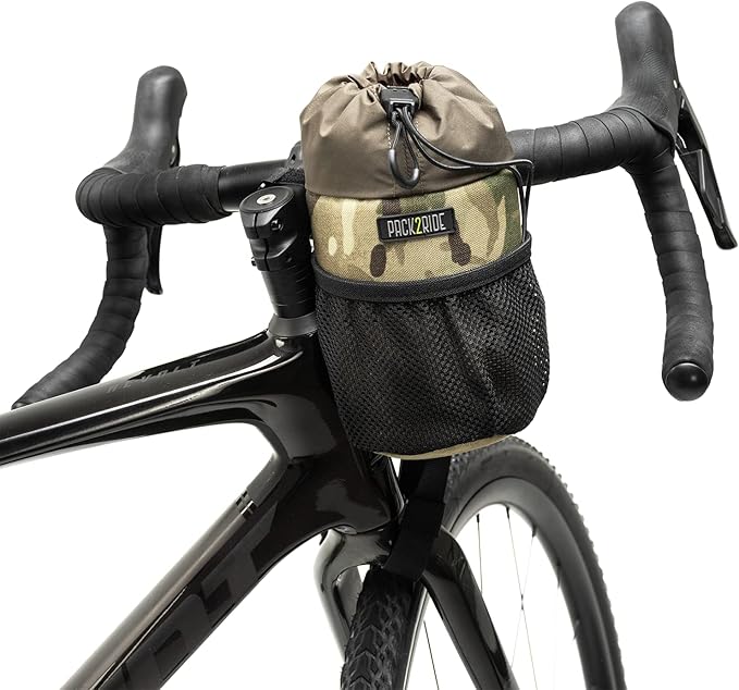 Bongo Bike Handlebar Bag - Water Resistant & Durable Fabric Bicycle Water Bottle Holder, Secure Attachment Bikepacking Stem Bag, Front Biking Storage, Bike Organizer for Cycling - Camo