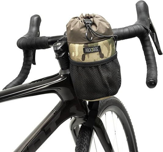 Bongo Bike Handlebar Bag - Water Resistant & Durable Fabric Bicycle Water Bottle Holder, Secure Attachment Bikepacking Stem Bag, Front Biking Storage, Bike Organizer for Cycling - Camo