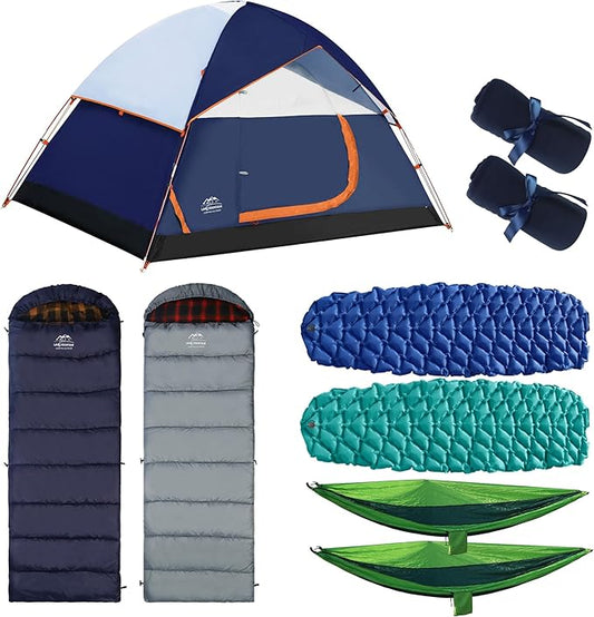 9 Pcs Camping Set,Include 1 Camp Tent,2 Sleeping Bag,2 Sleeping Pad/Camping Mat,2 Single Camping Hammock with 2 Tree Straps,2 Lightweight Bed Blanket for Family Outdoor Activities