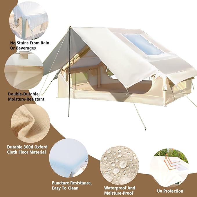 Inflatable Camping Tent with Pump, Upgraded Waterproof Windproof Glamping Blow Up Tent, Easy Setup 4 Season Air Cabin House with Mesh Windows & Door,4-6 Persons