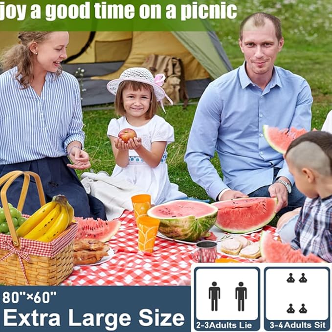 RUIBOLU Large Picnic Blankets,80x60in Beach Blanket Sandproof Beach Mat for 3-5 Adults Waterproof Quick Drying Outdoor Picnic Mat for Travel Camping Hiking(Red Plaids)