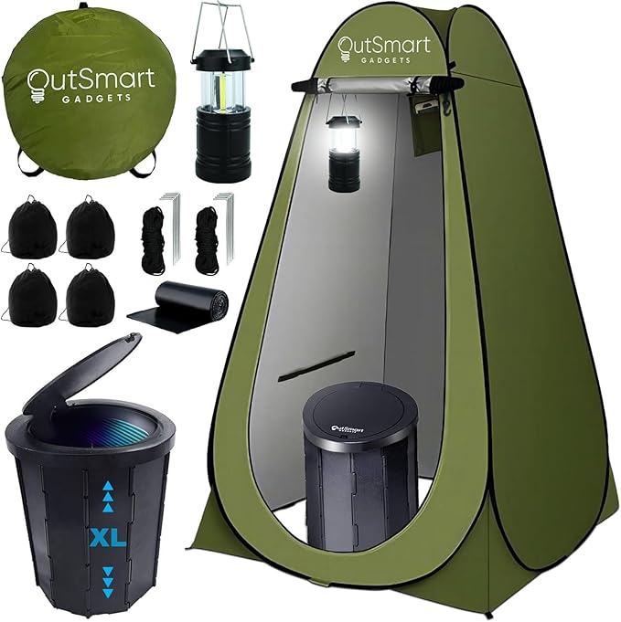 Outdoor Portable Toilet Set for Adults with Camping Night Lantern, Folding XL Toilet, Pop Up Privacy Tent and Carry Bags, Multipurpose Potty, Washable and Foldable for RV Travel