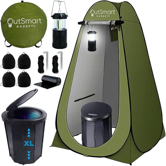 Outdoor Portable Toilet Set for Adults with Camping Night Lantern, Folding XL Toilet, Pop Up Privacy Tent and Carry Bags, Multipurpose Potty, Washable and Foldable for RV Travel