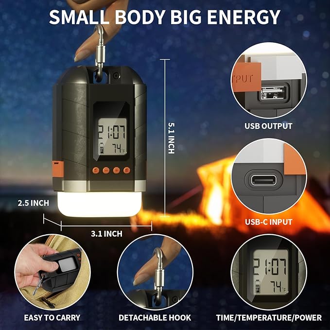 LOBKIN Camping Rechargeable Lantern, Multifunctional Camping Light 5 Modes, Portable Tent Lamp USB 15600 mAh for Camping, Hiking, Fishing