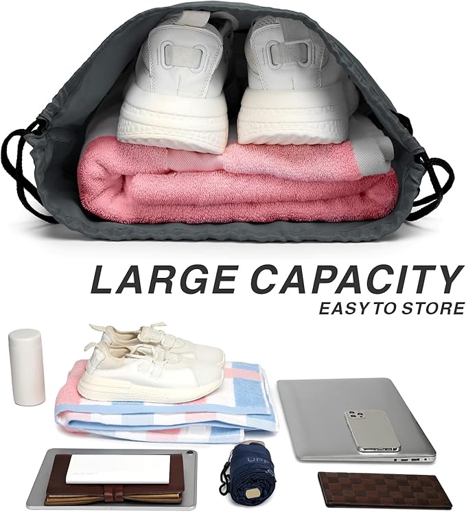 BuyAgain Drawstring Backpack Sports Water Resistant String Bag Sport Gym Sackpack for Women Men Large with Zipper, Grey