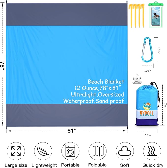 BYDOLL Beach Blanket Waterproof Sandproof 78''×81'' 1-7 Adults Oversized Lightweight Large Picnic Mat Waterproof Sandproof Blanket for Beach