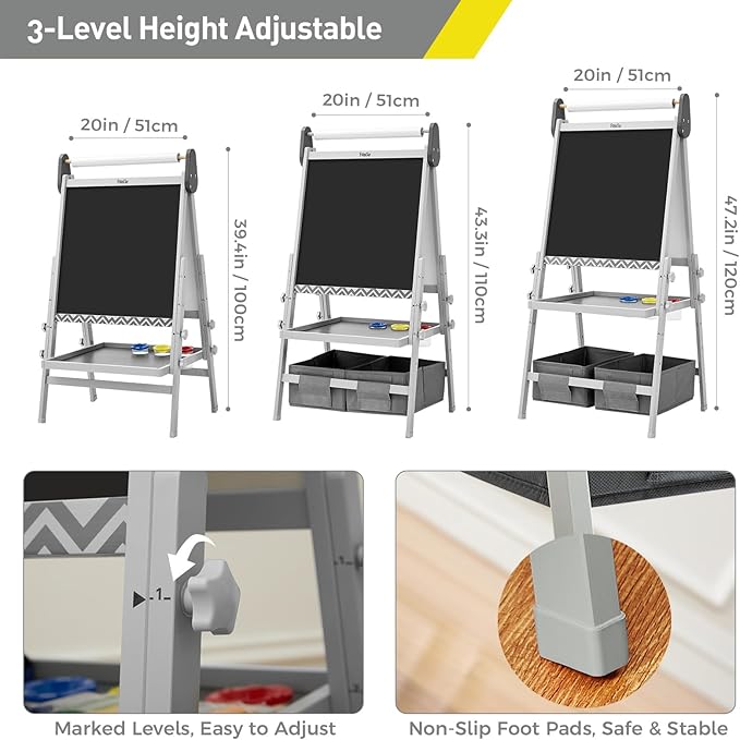 FUNLIO Anti-Warping Kids Art Easel, 3 Height Adjustable for Kids Aged 3-8, All-in-One Toddler Easel with Paper Roll & Erasable Frame, Standing Easel with Magnetic Chalkboard/Whiteboard (Gray)
