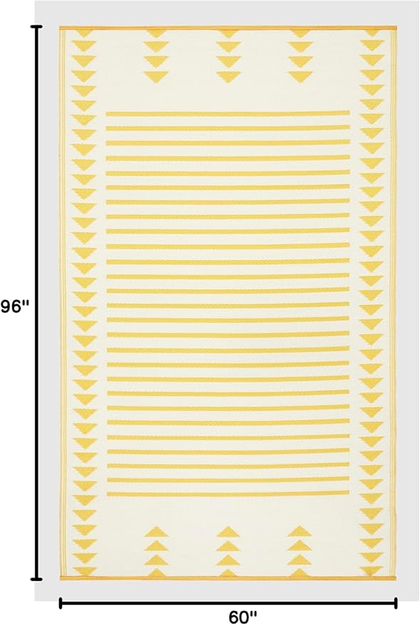 FH Home Outdoor Rug - Waterproof, Fade Resistant, Crease-Free - Premium Recycled Plastic - Geometric - Patio, Porch, Deck, Balcony - Hampton Stripe - Yellow Crease Free - 5 x 8 ft
