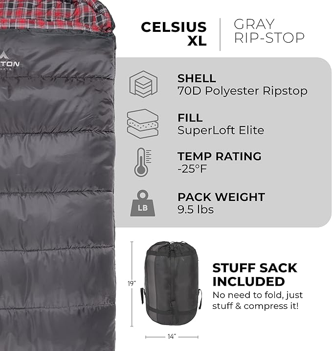 TETON Celsius XL, -25F, 20F, 0F Degree Sleeping Bags, All Weather Warm Sleeping Bag for Adults and Kids, Camping Season, Compression Sack Included