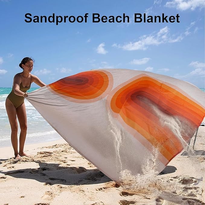 Large Waterproof Sandproof Beach Blanket for 4 Adults, Outdoor Beach Mat with 4 Stakes, 210T Polyester Lightweight Foldable Picnic Blanket Accessories Must Haves for Travel, Camping, Hiking