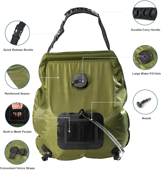 Camping Shower Bag, Solar Shower Bag 5-Gallon with Detachable Hose, Retractable Head Switch - Portable Shower for Camping Suitable for Camping, Hiking, Travel, Beach Swimming