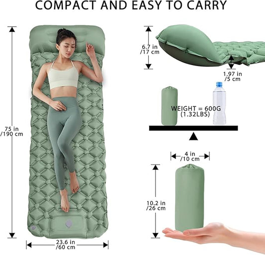 MEI&CO Ultra-Light Inflatable Sleeping Pad with Built-in Pillow & Foot Pump – for Camping, Hiking & Backpacking – Single Pad with Side Buttons for Double Conversion (1, Green)