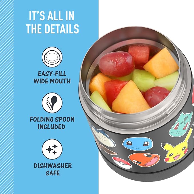 THERMOS FUNTAINER 10 Ounce Stainless Steel Vacuum Insulated Kids Food Jar with Spoon, POKEMON