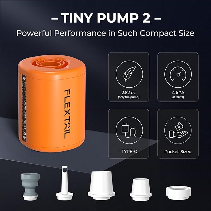 FLEXTAILGEAR Portable Air Pump - Tiny Pump 2, Electric Air Pump for Inflatables 2.8oz Battery Inflator Rechargeable Air Mattress Pump for Sleeping Pads, Pool Floats, Swimming Rings Orange