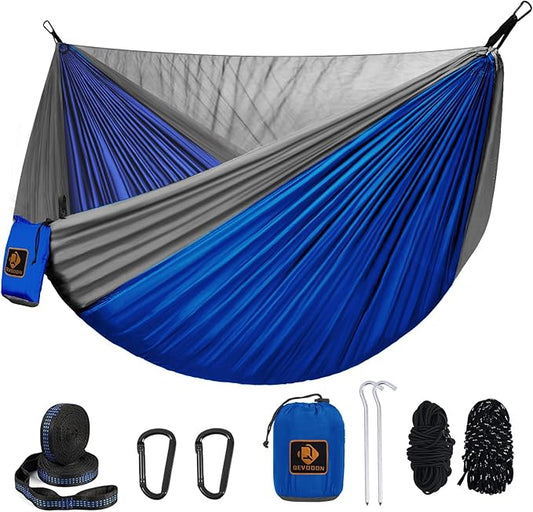 Camping Hammock, Portable Hammocks with Mosquito Net,Lightweight Nylon Parachute Hammock with 10ft Tree Straps,Camping Gear Must Haves for Travel Hiking Backpacking Beach Patio-Blue&Grey