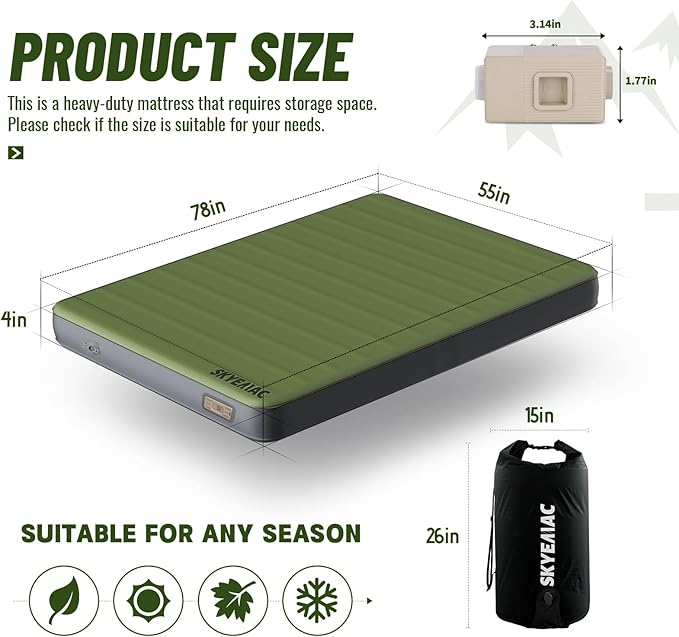SKYEMAC Self-Inflating Memory Foam Sleeping Pad with Built-in Pump - R-Value 13, Full Size (78" L x 55" W x 4" TH) - Thick Camping Mattress for Car Camping, and Family Use - Comfortable & Durable