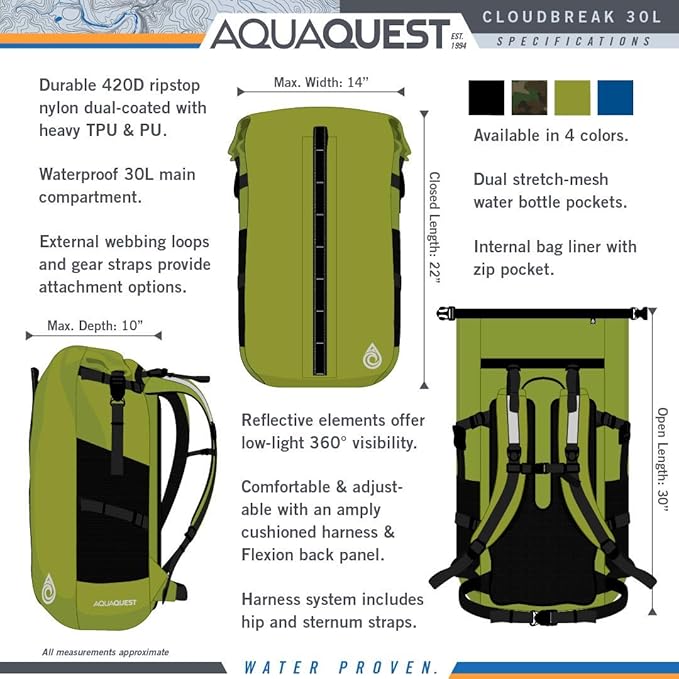 AquaQuest Cloudbreak Waterproof Backpack - Large 30L DryBag Daypack Great for Outdoors, Travel in All Weather
