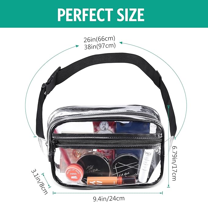 ORIA Clear Fanny Pack, Stadium Approved Waist Pack for Women Men, Waterproof Clear Waist Bag, Transparent Adjustable Belt Bag for Sports, Travel, Beach