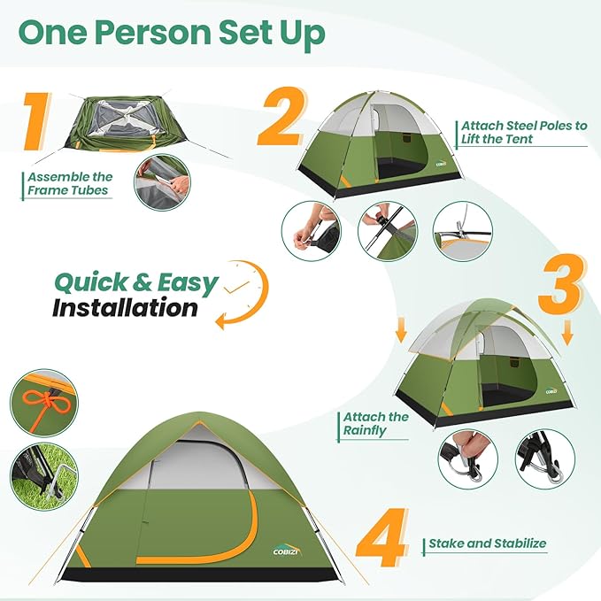 COBIZI Camping Tent, 4/6 Person Easy Setup Waterproof Windproof Backpacking Tent with Removable Rainfly, Lightweight Portable Outdoor Family Tents for Camping, Travel, Fishing, Hiking, Scouts
