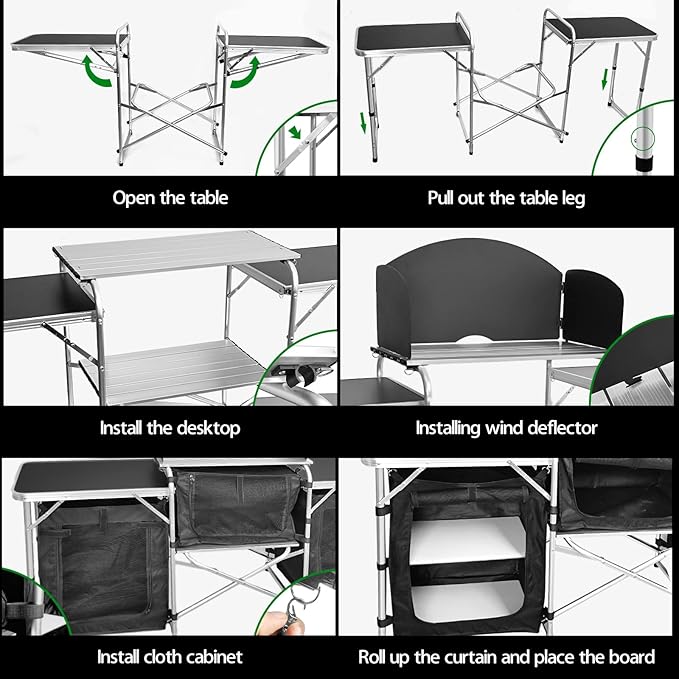 CampLand Folding Cooking Table Outdoor Portable Cook Station Aluminum Camping Kitchen with Storage Organizer, Windscreen, Hooks for BBQ, Party (Black3cabinet)