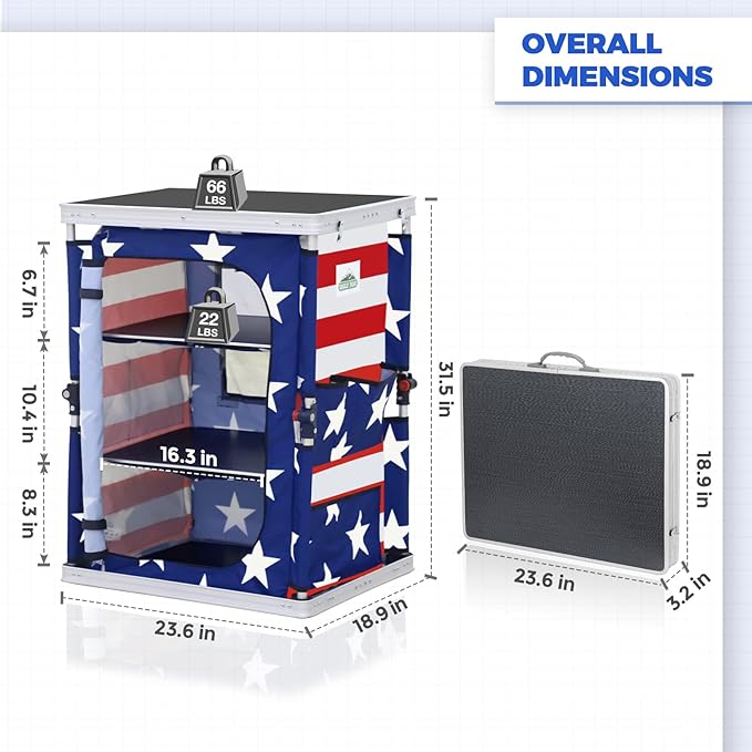 EAGLE PEAK Outdoor Folding Camping Table with Large 3-Tier Storage Organizer and Side Pockets, Easy Set Up Portable Aluminum Camping Kitchen, American Flag