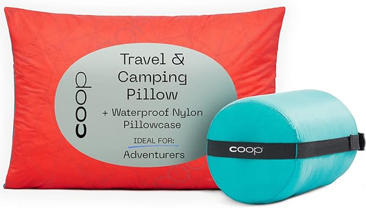 Coop Home Goods Original Adjustable Travel Pillow and Waterproof Pillow Protector Red Bundle with Compressible Stuff Sack, Medium-Firm Memory Foam and Washable Cover, CertiPUR-US Certified (19x13)