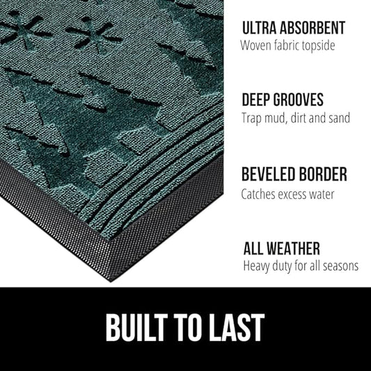 GORILLA GRIP 100% Waterproof All-Season WeatherMax Doormat, Durable Natural Rubber, Stain and Fade Resistant, Low Profile Winter Indoor Outdoor Door Mats, Holiday Entrance Mat, 47x35, Green Snowscape