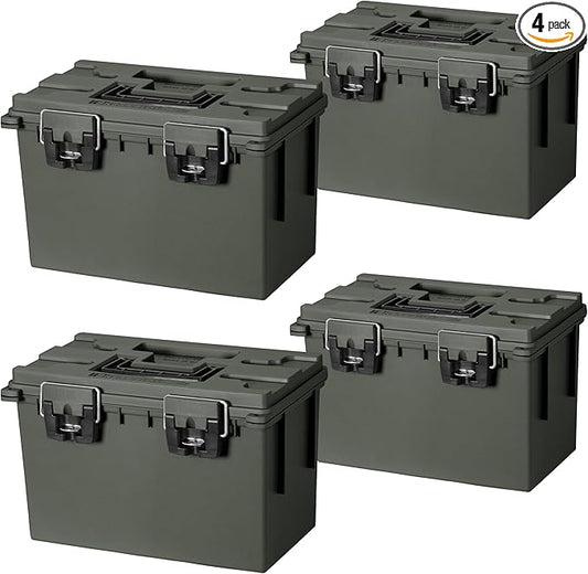 Sheffield 12765 4-Pack XL Ammo Storage Box, Stackable .50 Cal Field Boxes, Water and Dust Resistant, Lockable Storage Box with Handle, Heavy Duty Protection for Hunting Gear, Made in the USA, Green