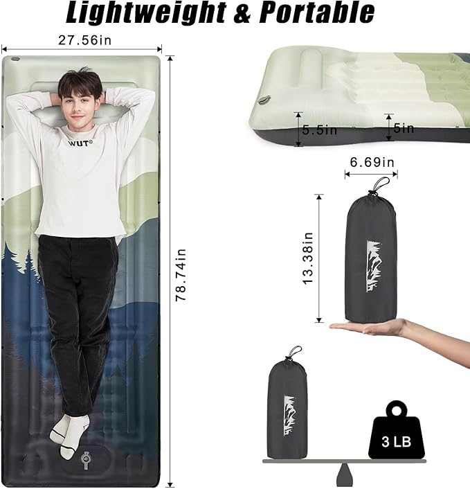 Camping Sleeping Pad Extra Thick 5 Inch Inflatable Camping Pad with Pillow Sleeping Mat Built-in Foot Pump Portable Lightweight Camping Air Mattress for Backpacking Hiking Tent