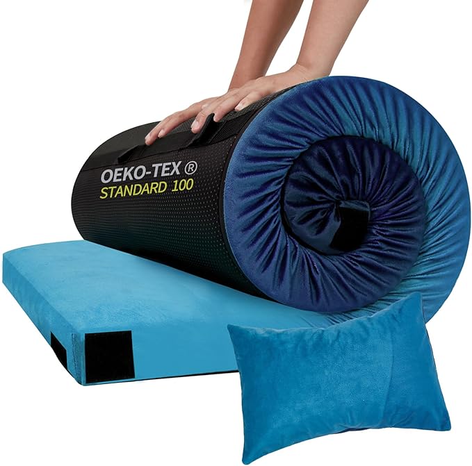 Memory Foam Camping Pad, Camping Sleeping Pad, Camping Mattress Pad with Pillow & Travel Bag, Portable Floor Mat Roll Up for Guest Adults Side Sleepers Indoor Outdoor Travel