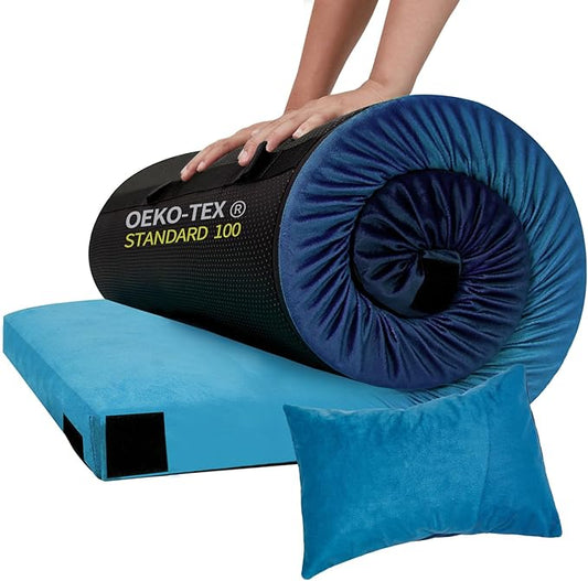 Memory Foam Camping Pad, Camping Sleeping Pad, Camping Mattress Pad with Pillow & Travel Bag, Portable Floor Mat Roll Up for Guest Adults Side Sleepers Indoor Outdoor Travel