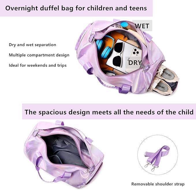 Girls Sports Duffel Bags Woman Travel Bag Overnight Duffle Bag Kids Sports Gym Bag With Shoe Compartment Wet Pocket (Matte Purple)