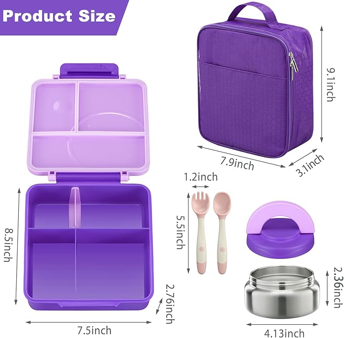 Bento Lunch Box Set for Kids with 8oz Soup Thermo, Leak-Proof Lunch Containers with 4 Compartment, Kids Thermo Hot Food Jar and Insulated Lunch Bag for Kid to School-Purple