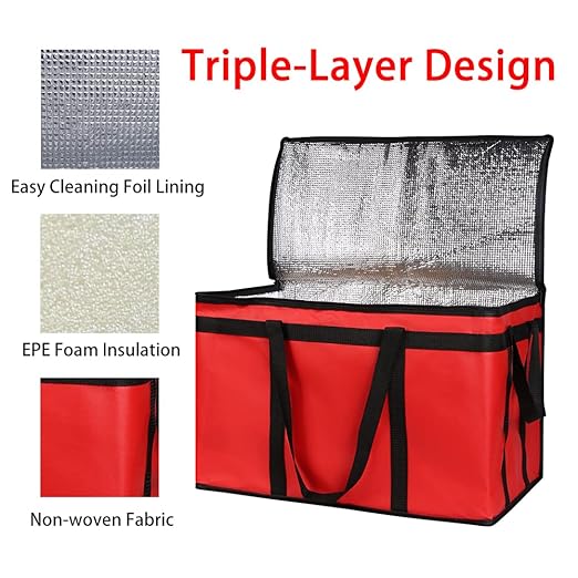 Bodaon 10-Pack Insulated Food Delivery Bag for Uber Eats, XXX-Large Grocey Shopping Bag for Catering, Cooler/Thermal Bags for Pizza, Red