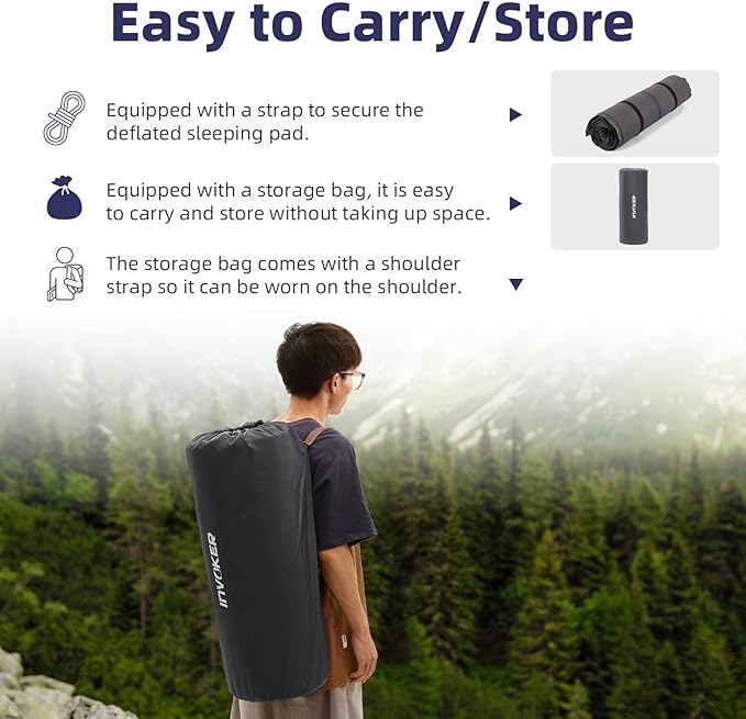 INVOKER Camping Sleeping Pad 2.75” Memory Foam Fast Self Inflating Insulated Durable Camping Mat Air Mattress with Pillow，for Tent, Traveling, Car, Camping, Grey