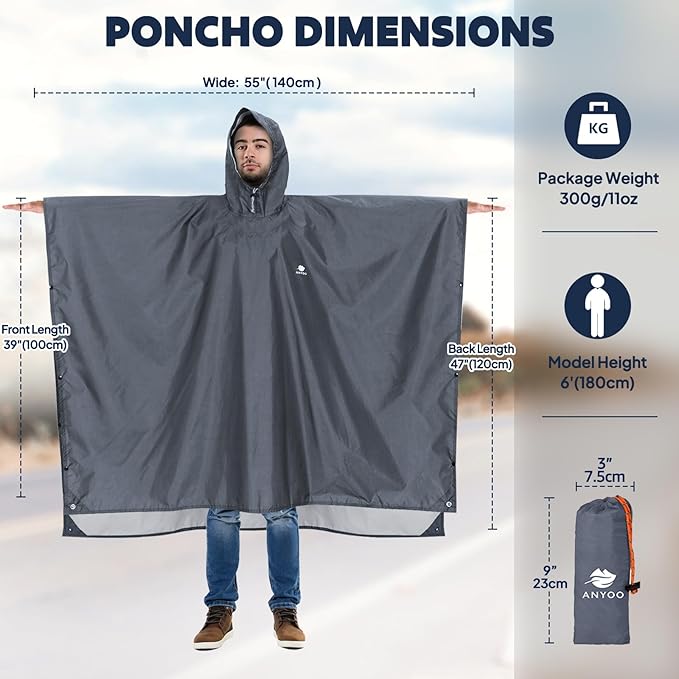 ANYOO Hooded Rain Poncho for Adults Waterproof Lightweight Rain Coat for Men Women Reusable Rain Jacket for Emergency Outdoor