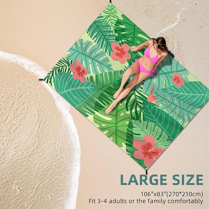 Beach Blanket Waterproof Sandproof Large Beach Mat 83" X 106" for 3-5 Adults Sand Free Mat Quick Drying,Lightweight & Durable with 4 Stakes & 4 Corner Pockets for Beach Camping .(Green)