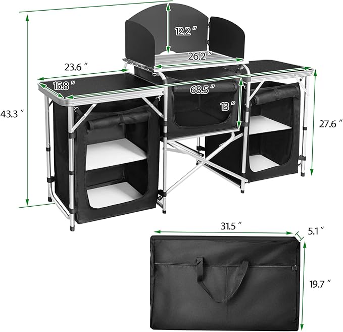 CampLand Folding Cooking Table Outdoor Portable Cook Station Aluminum Camping Kitchen with Storage Organizer, Windscreen, Hooks for BBQ, Party (Black3cabinet)