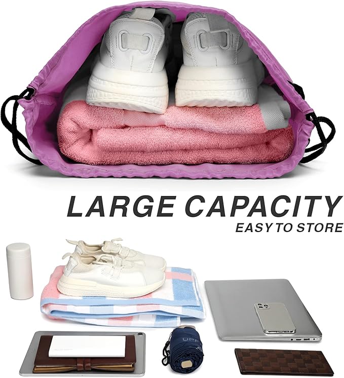 BuyAgain Drawstring Backpack Sports Water Resistant String Bag Sport Gym Sackpack for Women Men Large with Zipper, Pink