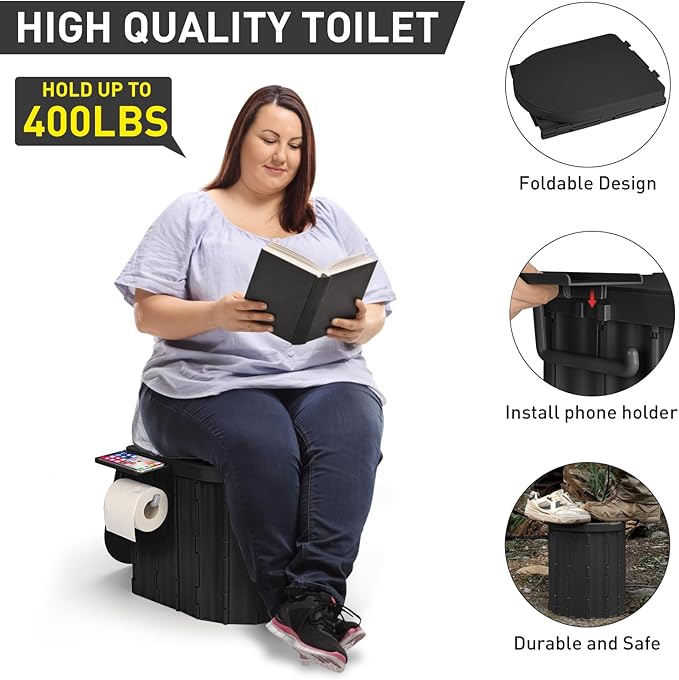 Portable Camping Toilet with Pop-Up Privacy Tent, 12-inch Toilet Seat, Outdoor Portable Folding Toilet Potty for Adults Load Capacity of 400 Lbs, LED-Light Camping Bathroom