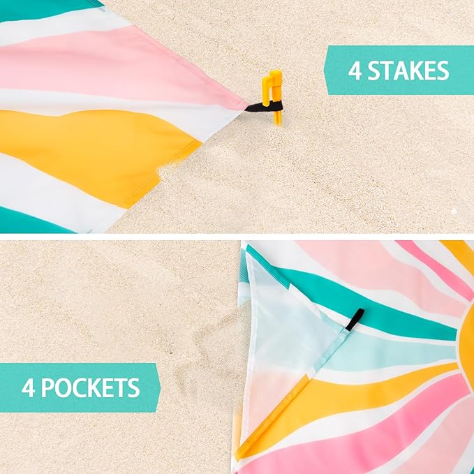 Beach Blanket Waterproof Sandproof, Oversized Picnic Blankets with Stakes and Sand Pockets, Lightweight Quick Drying, Extra-Large Portable Beach Mat for Outdoors, Camping, Hiking Trips-Spring Sunshine