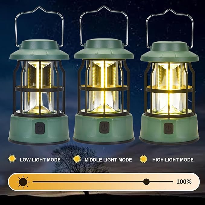 Camping Lantern Vintage Camp Light Dimmable USB C Rechargeable Portable Hanging Tent Retro COB Lights for Power Outages, Survival, Hiking, Bar (5.4 in Height, Green)
