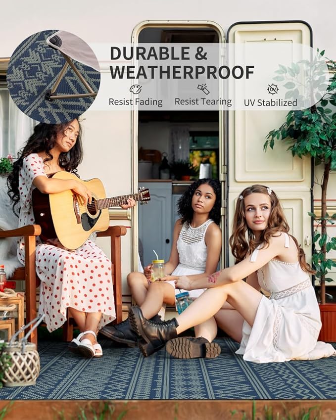 MontVoo Outdoor Rug Carpet Waterproof 5x8 Outdoor Patio Rug Mat Reverisble Plastic Straw Outdoor Rug for RV Camping Picnic Beach Balcony Boho Blue Green