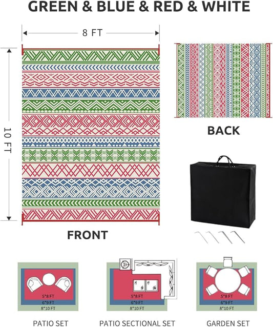 MontVoo Outdoor Rug Carpet 8x10 Waterproof-Patio Rug Mat Reversible RV Camping Rug Picnic Mat Plastic Straw Outside Rug for Balcony Porch Deck Beach-Boho Outdoor Area Rug for Patio Decor Colorful