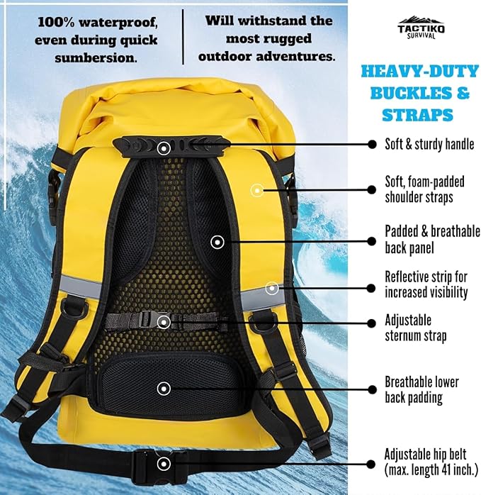 Tactiko 30L Heavy-Duty 100% Waterproof Backpack - Dry Roll-Top Floating Backpack - Rip-Stop Tarpaulin - Comfortable Padded Shoulders & Back - Waist Strap - Large Utility Pocket, Carabiner (Yellow)